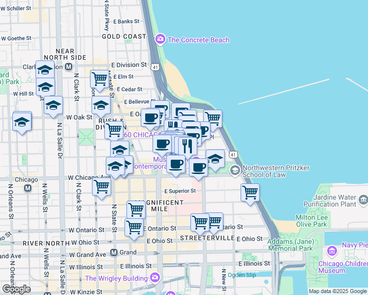 map of restaurants, bars, coffee shops, grocery stores, and more near 190 East Chestnut Street in Chicago