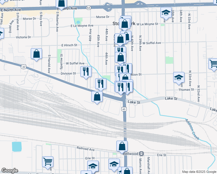 map of restaurants, bars, coffee shops, grocery stores, and more near 4401 West Lake Street in Melrose Park