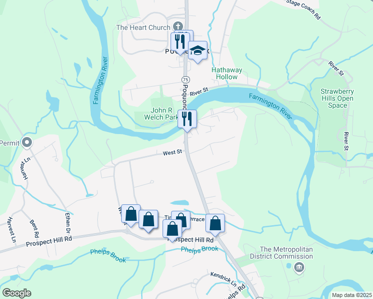 map of restaurants, bars, coffee shops, grocery stores, and more near 1575 Poquonock Avenue in Windsor