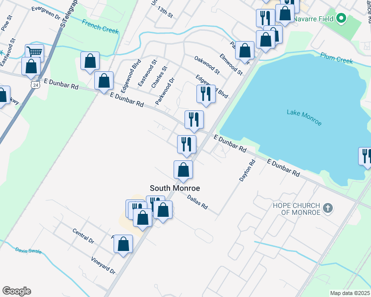 map of restaurants, bars, coffee shops, grocery stores, and more near 15355 South Dixie Highway in Monroe
