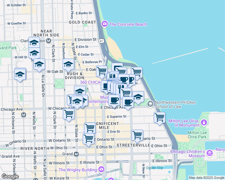 map of restaurants, bars, coffee shops, grocery stores, and more near 811 North Michigan Avenue in Chicago