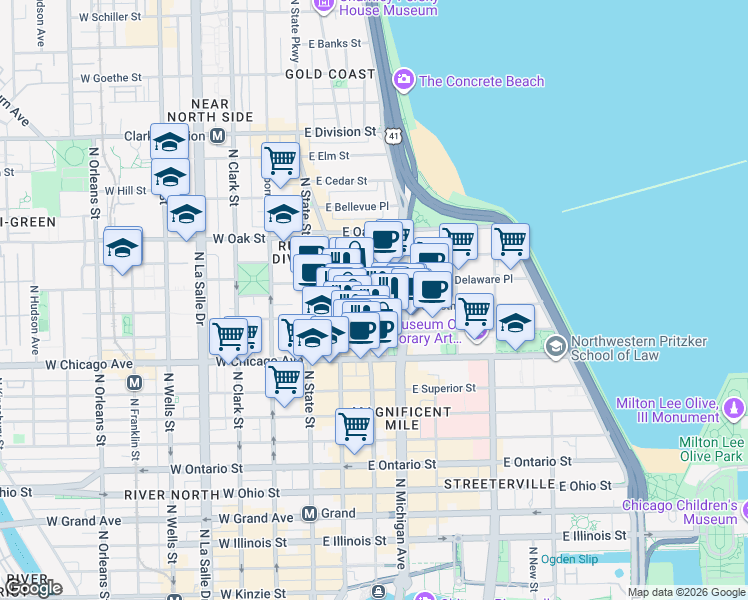 map of restaurants, bars, coffee shops, grocery stores, and more near 835 North Rush Street in Chicago