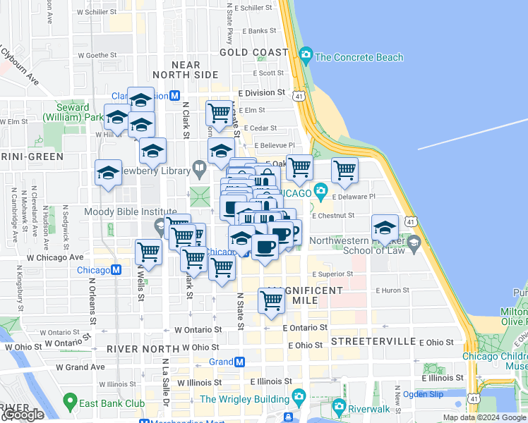 map of restaurants, bars, coffee shops, grocery stores, and more near 840 North Wabash Avenue in Chicago