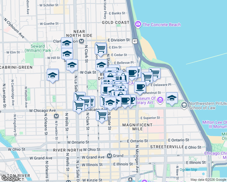 map of restaurants, bars, coffee shops, grocery stores, and more near 840 North Wabash Avenue in Chicago