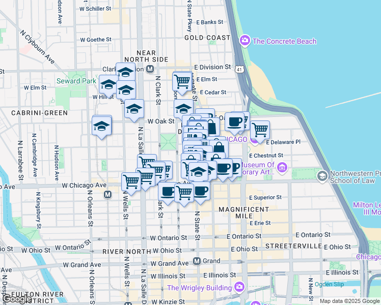 map of restaurants, bars, coffee shops, grocery stores, and more near 844 North State Street in Chicago