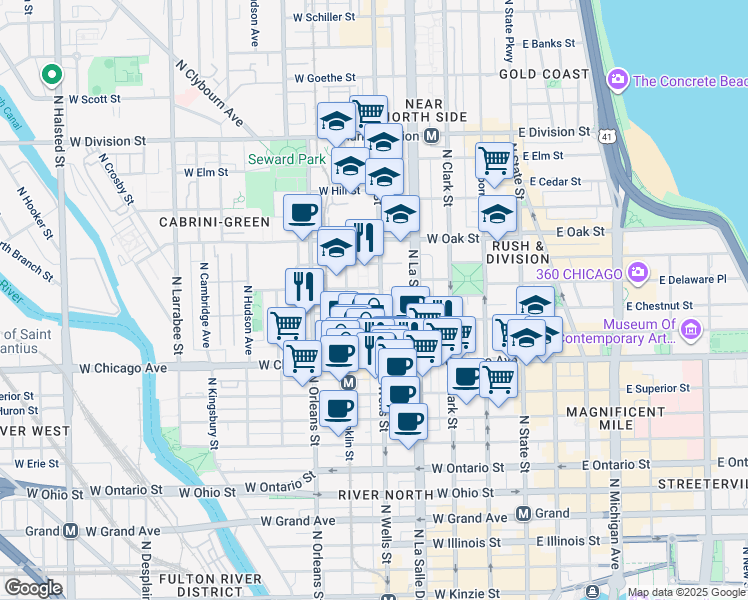 map of restaurants, bars, coffee shops, grocery stores, and more near 820 North Wells Street in Chicago