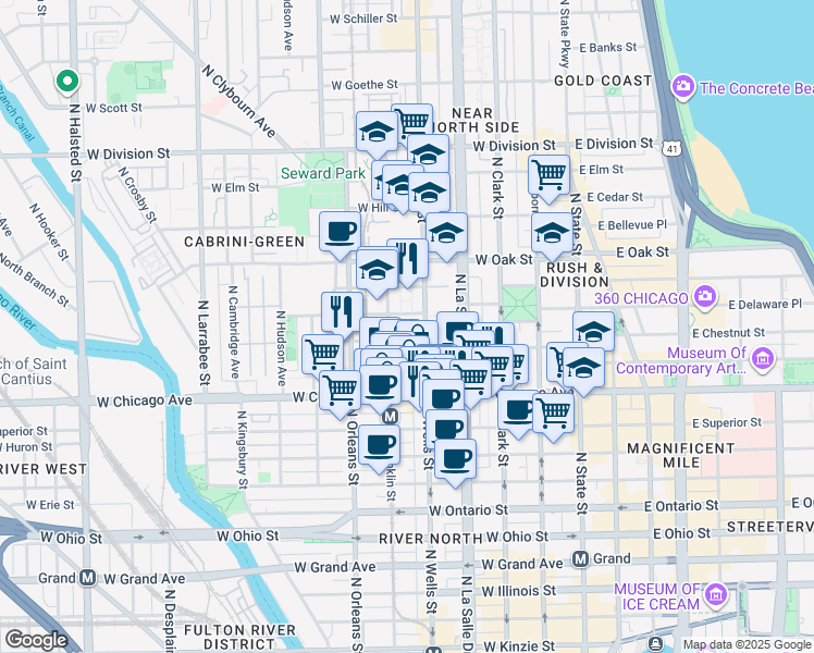 map of restaurants, bars, coffee shops, grocery stores, and more near 820 North Wells Street in Chicago