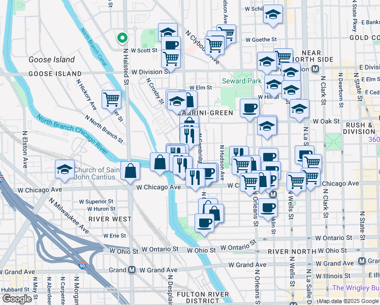 map of restaurants, bars, coffee shops, grocery stores, and more near 870 North Cambridge Avenue in Chicago
