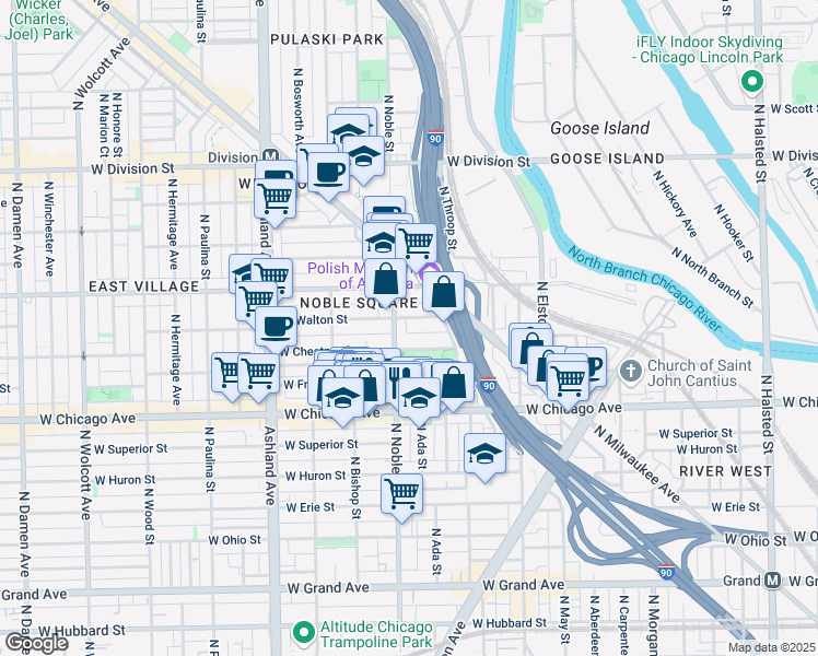 map of restaurants, bars, coffee shops, grocery stores, and more near 1357 West Chestnut Street in Chicago