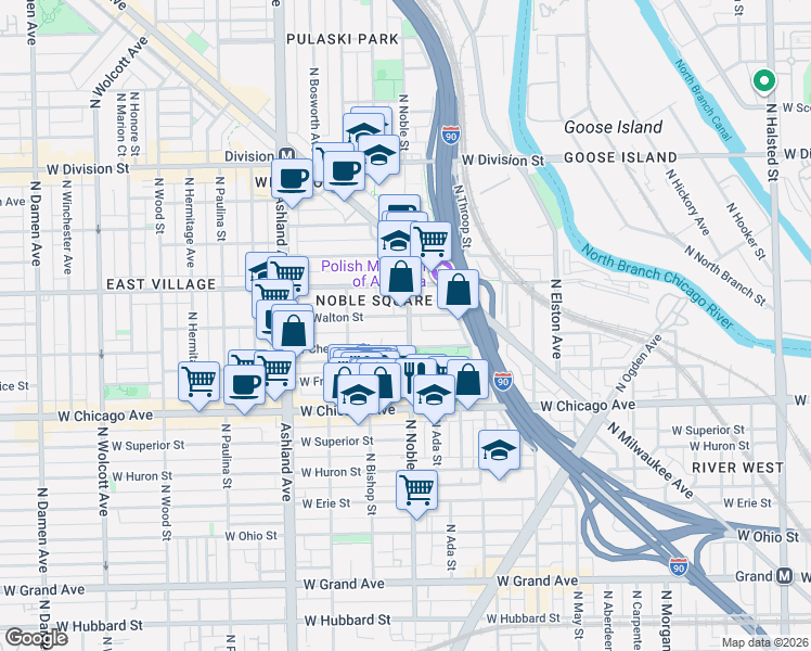 map of restaurants, bars, coffee shops, grocery stores, and more near 1410 West Chestnut Street in Chicago