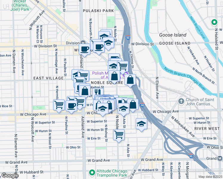 map of restaurants, bars, coffee shops, grocery stores, and more near 1410 West Chestnut Street in Chicago