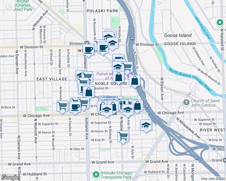 map of restaurants, bars, coffee shops, grocery stores, and more near 1410 West Chestnut Street in Chicago