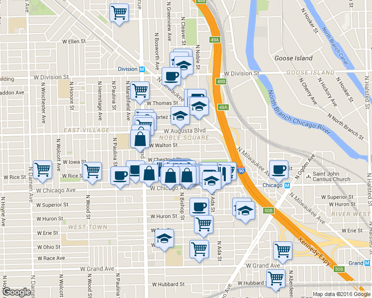 map of restaurants, bars, coffee shops, grocery stores, and more near 1410 West Chestnut Street in Chicago
