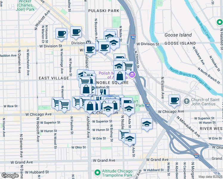 map of restaurants, bars, coffee shops, grocery stores, and more near 1454 West Chestnut Street in Chicago