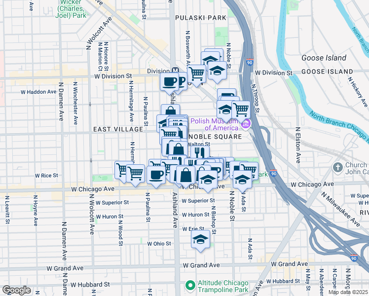 map of restaurants, bars, coffee shops, grocery stores, and more near 1530 West Chestnut Street in Chicago