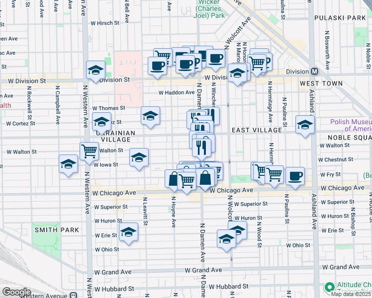 map of restaurants, bars, coffee shops, grocery stores, and more near 2024 West Iowa Street in Chicago