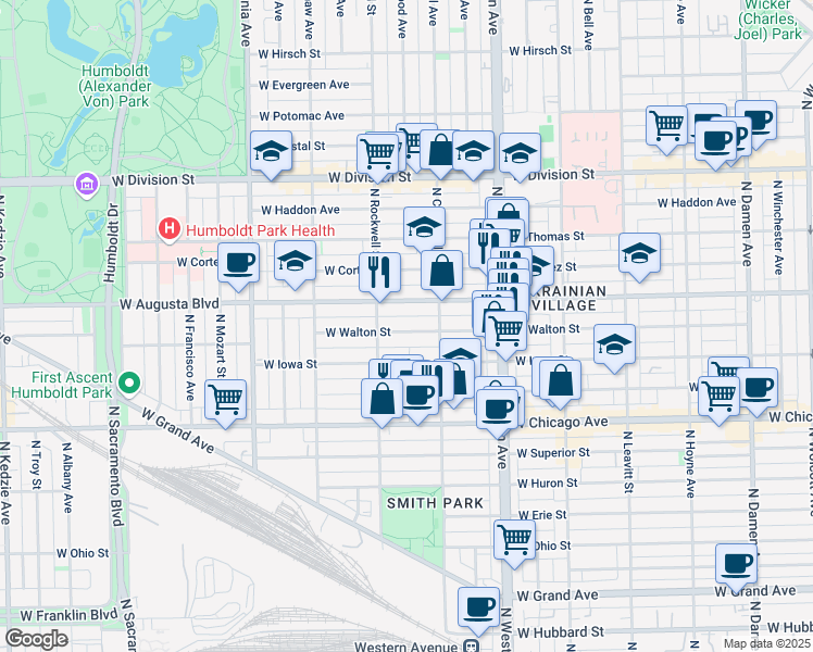 map of restaurants, bars, coffee shops, grocery stores, and more near 2516 West Iowa Street in Chicago