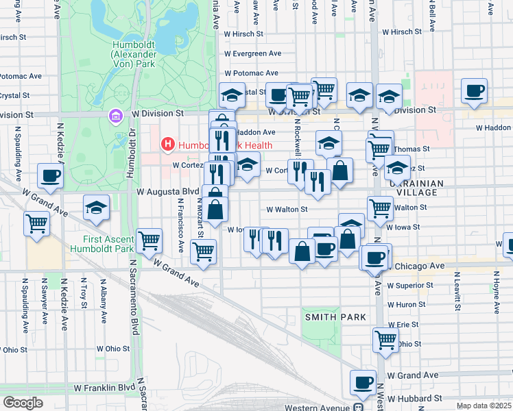 map of restaurants, bars, coffee shops, grocery stores, and more near 916 North Washtenaw Avenue in Chicago