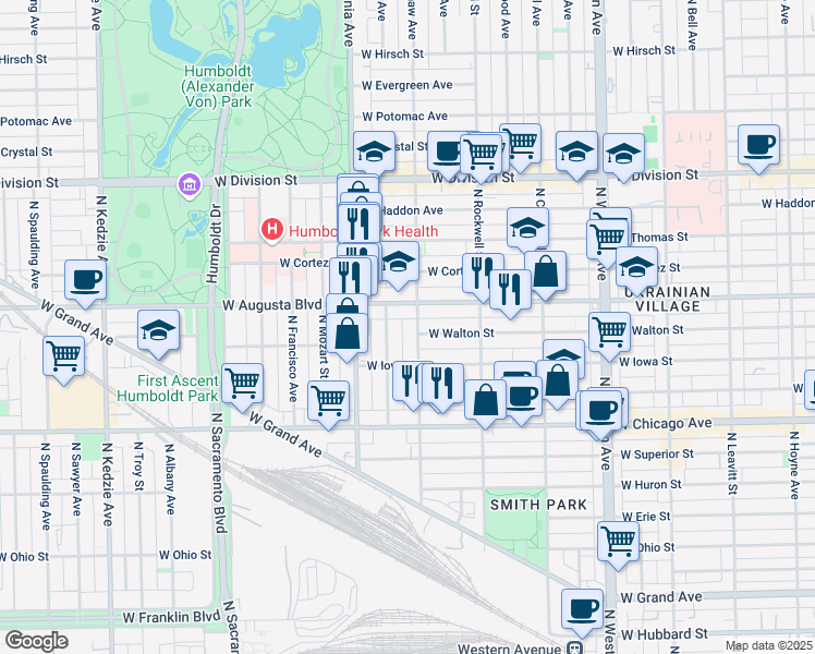 map of restaurants, bars, coffee shops, grocery stores, and more near 916 North Washtenaw Avenue in Chicago