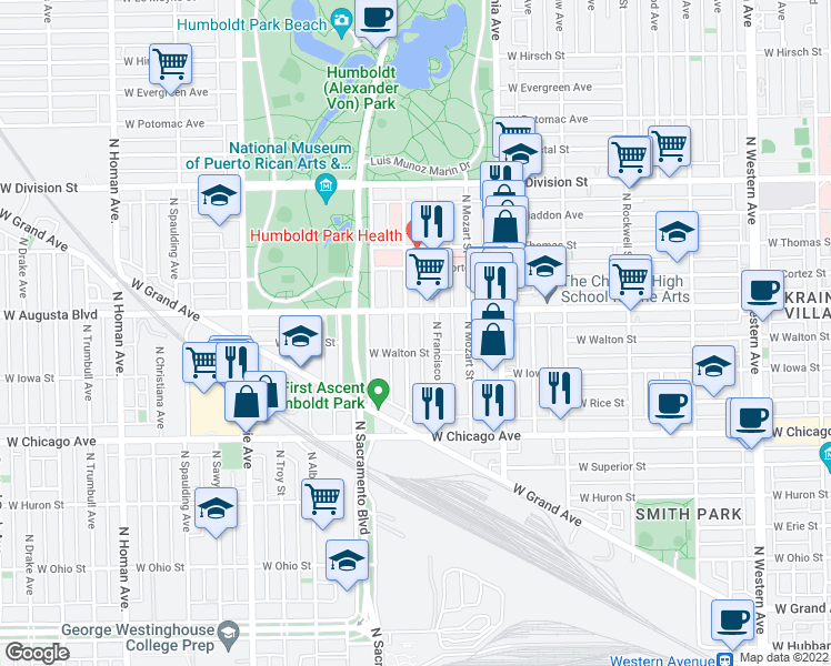 map of restaurants, bars, coffee shops, grocery stores, and more near 880 North Richmond Street in Chicago