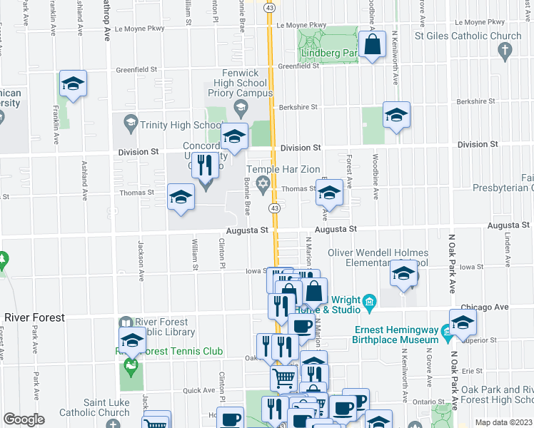 map of restaurants, bars, coffee shops, grocery stores, and more near in River Forest