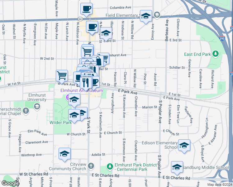 map of restaurants, bars, coffee shops, grocery stores, and more near 127 Arlington Avenue in Elmhurst