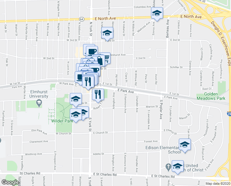 map of restaurants, bars, coffee shops, grocery stores, and more near 127 Arlington Avenue in Elmhurst