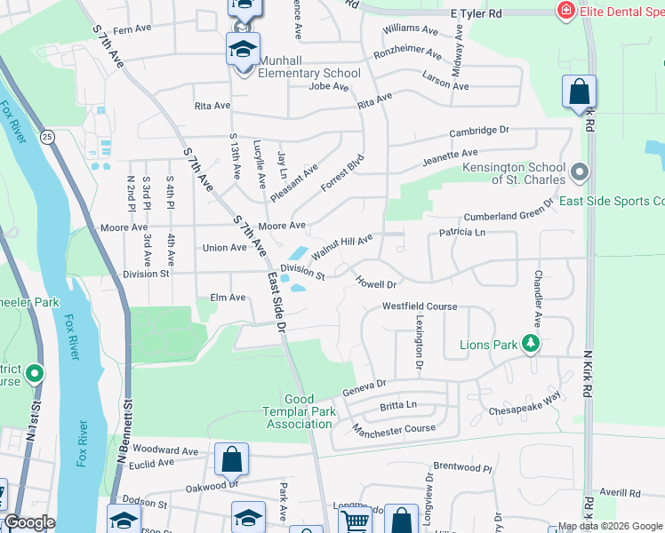 map of restaurants, bars, coffee shops, grocery stores, and more near 1438 Division Court in St. Charles