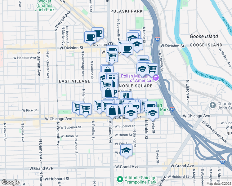 map of restaurants, bars, coffee shops, grocery stores, and more near 1543 West Walton Street in Chicago