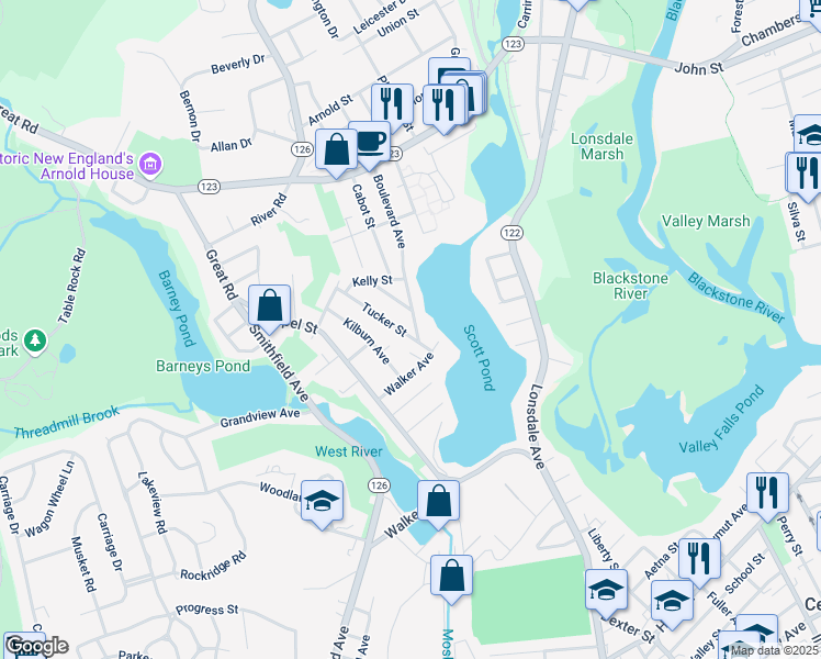 map of restaurants, bars, coffee shops, grocery stores, and more near 34 Walker Avenue in Lincoln