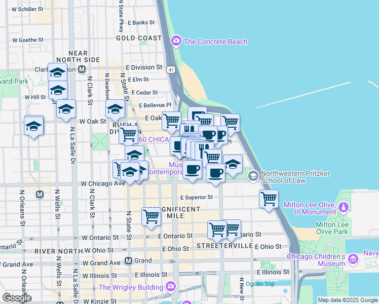 map of restaurants, bars, coffee shops, grocery stores, and more near 875 North Michigan Avenue in Chicago