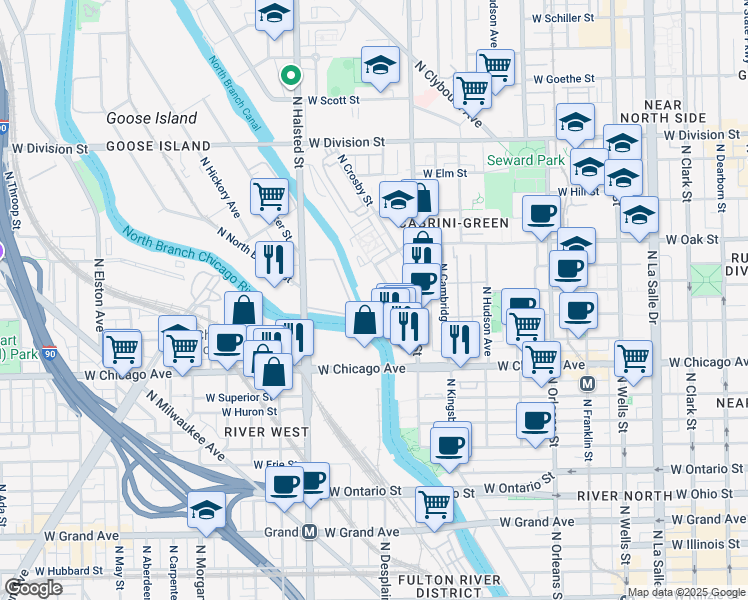 map of restaurants, bars, coffee shops, grocery stores, and more near 900 North Kingsbury Street in Chicago