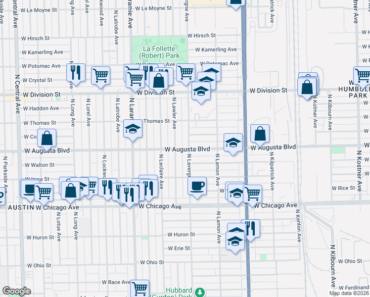 map of restaurants, bars, coffee shops, grocery stores, and more near 939 North Lawler Avenue in Chicago