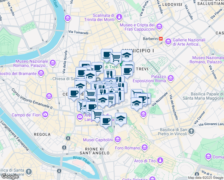 map of restaurants, bars, coffee shops, grocery stores, and more near 5 Piazza San Marcello in Roma