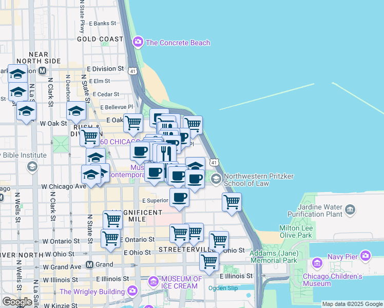 map of restaurants, bars, coffee shops, grocery stores, and more near 250 East Pearson Street in Chicago