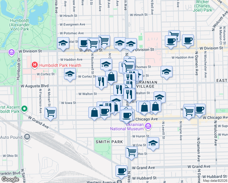 map of restaurants, bars, coffee shops, grocery stores, and more near 2448 West Walton Street in Chicago