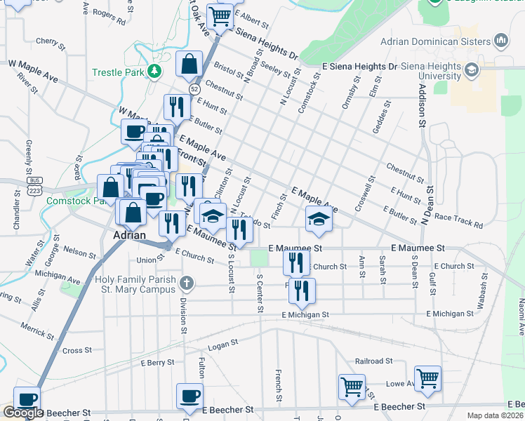 map of restaurants, bars, coffee shops, grocery stores, and more near 214 Finch Street in Adrian