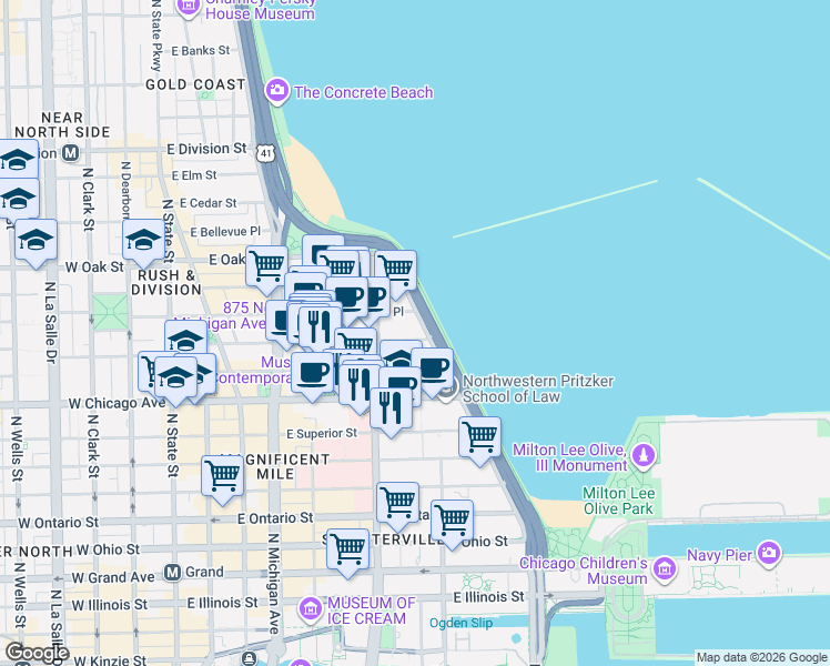 map of restaurants, bars, coffee shops, grocery stores, and more near 250 East Pearson Street in Chicago