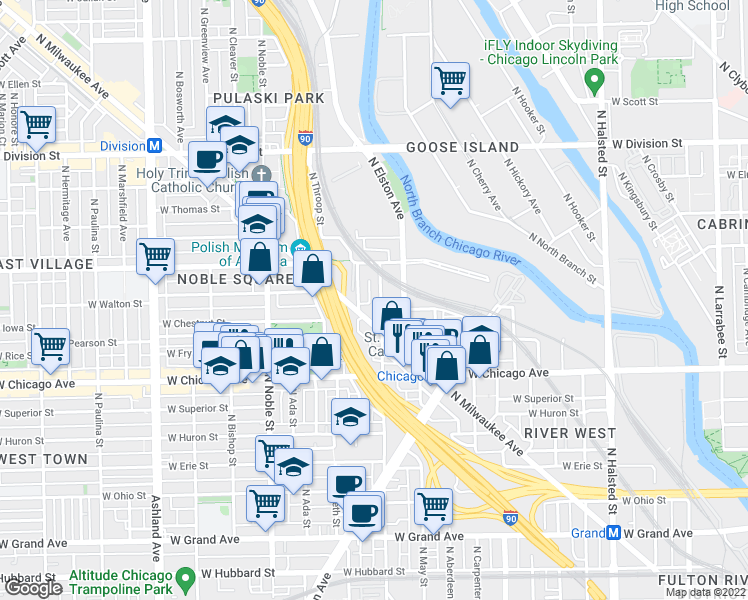 map of restaurants, bars, coffee shops, grocery stores, and more near 1223 West Chestnut Street in Chicago