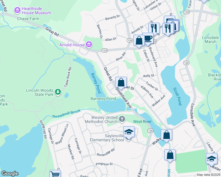 map of restaurants, bars, coffee shops, grocery stores, and more near 8 School Road in Lincoln