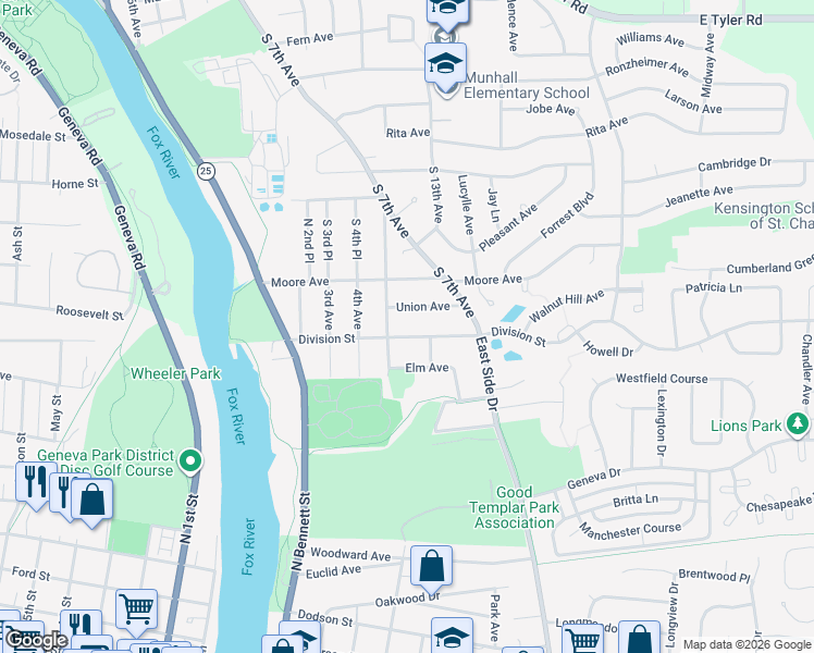 map of restaurants, bars, coffee shops, grocery stores, and more near 415 Division Street in St. Charles