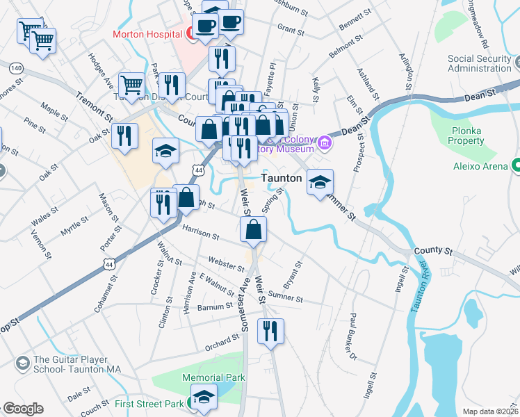 map of restaurants, bars, coffee shops, grocery stores, and more near 169 High Street in Taunton