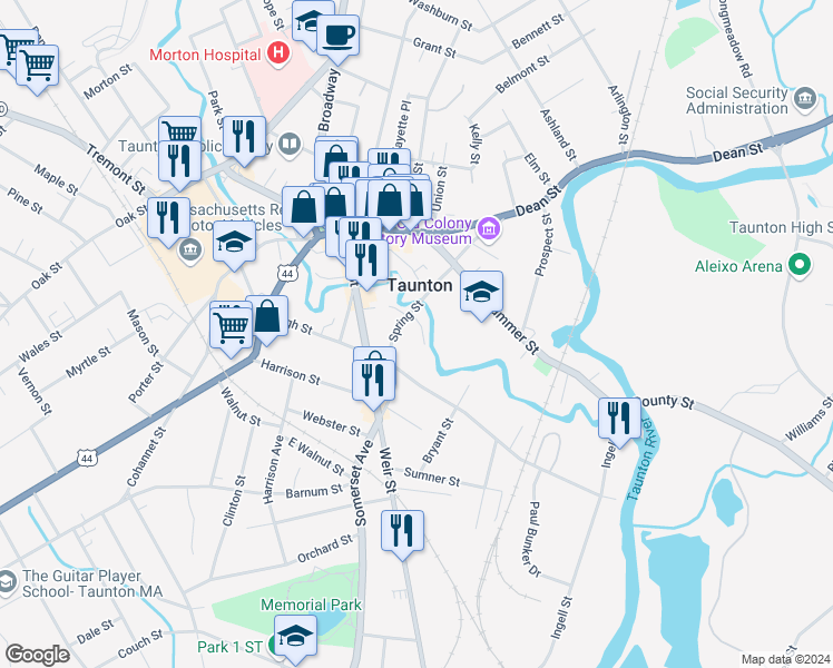 map of restaurants, bars, coffee shops, grocery stores, and more near 19 Spring Street in Taunton