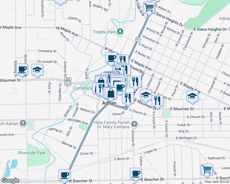 map of restaurants, bars, coffee shops, grocery stores, and more near 130 East Maumee Street in Adrian