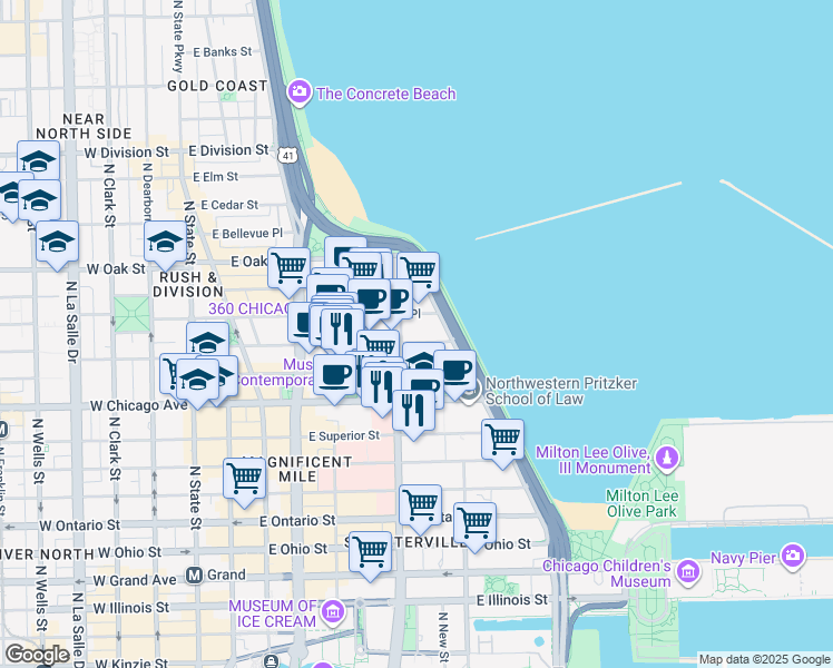 map of restaurants, bars, coffee shops, grocery stores, and more near 250 East Pearson Street in Chicago