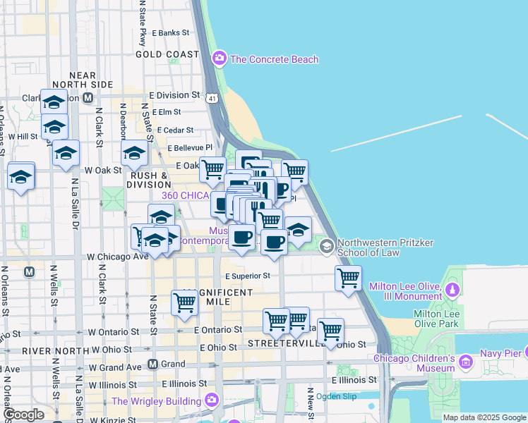 map of restaurants, bars, coffee shops, grocery stores, and more near 222 East Pearson Street in Chicago