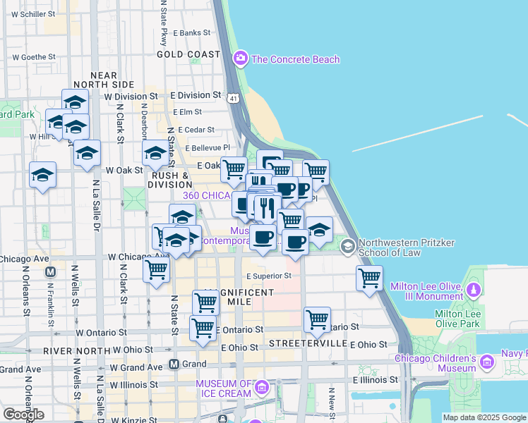 map of restaurants, bars, coffee shops, grocery stores, and more near 811 North Michigan Avenue in Chicago