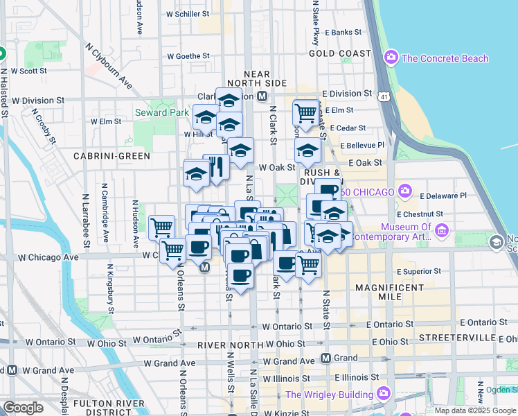 map of restaurants, bars, coffee shops, grocery stores, and more near 840 North LaSalle Drive in Chicago
