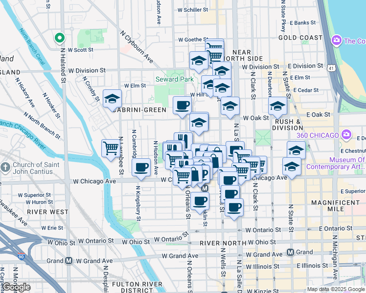 map of restaurants, bars, coffee shops, grocery stores, and more near 345 West Chestnut Street in Chicago