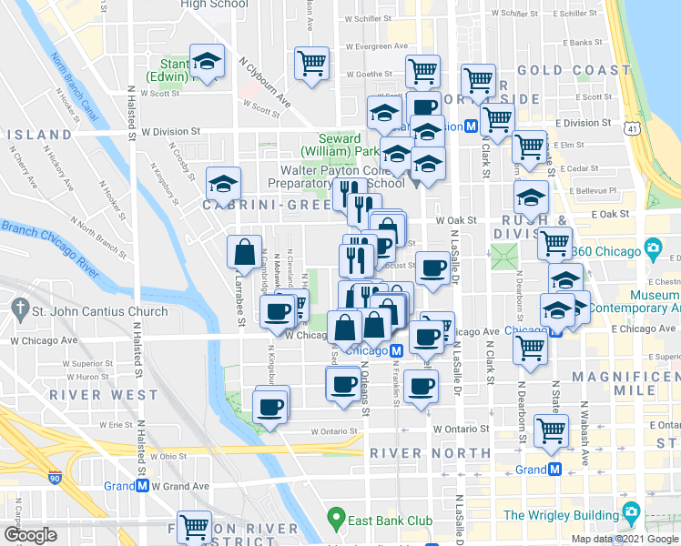 map of restaurants, bars, coffee shops, grocery stores, and more near 361 West Chestnut Street in Chicago